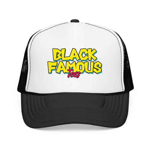 Black Famous Trucker Hat – Retro Yellow Script Foam Cap